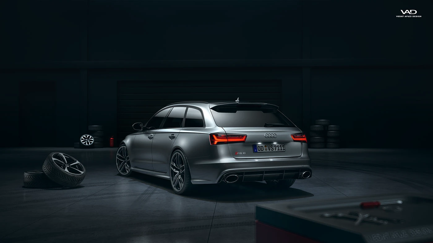 Audi rs6 garage vray lighting carpaint transportation rendering CGI