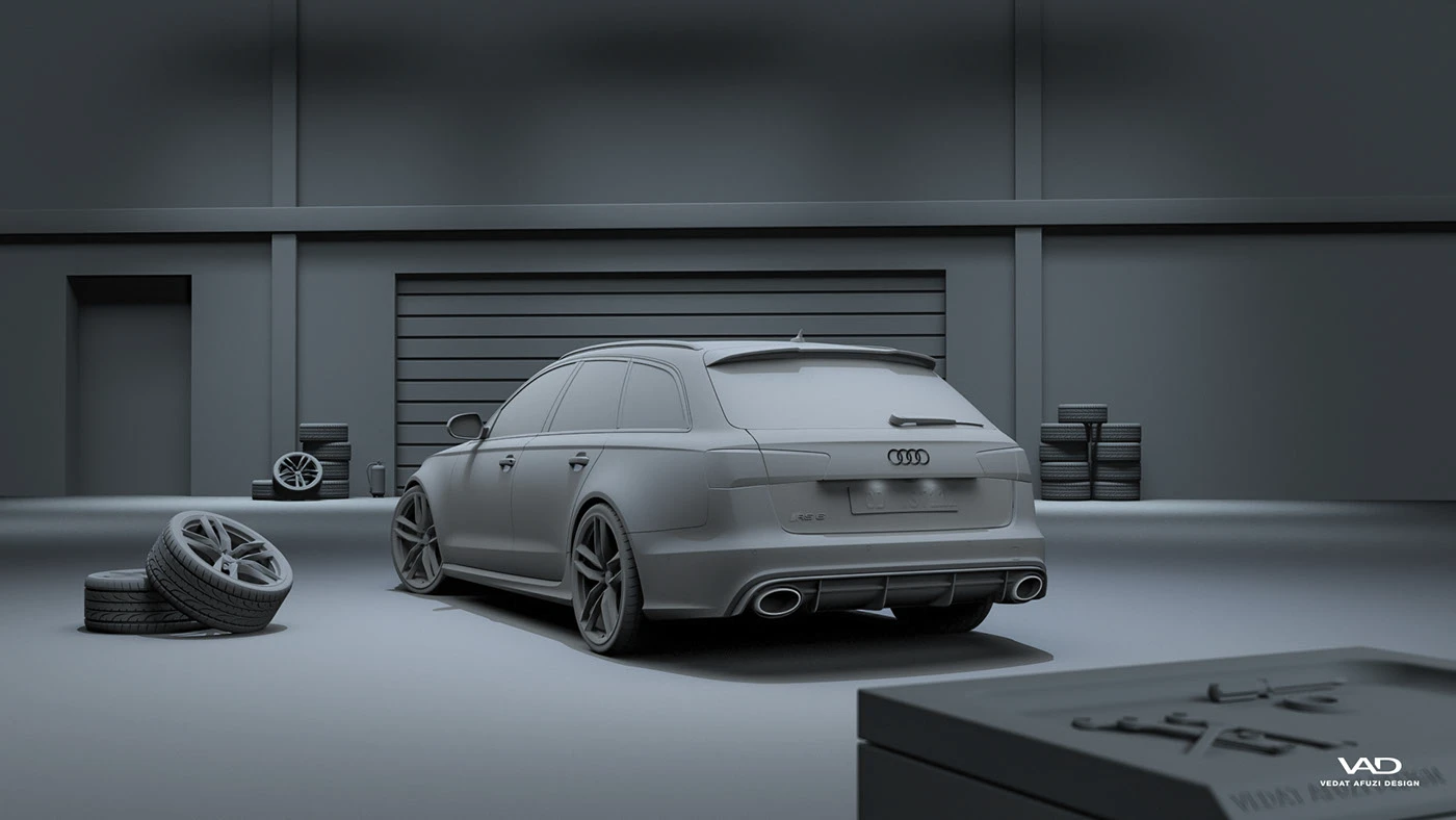 Audi rs6 garage vray lighting carpaint transportation rendering CGI