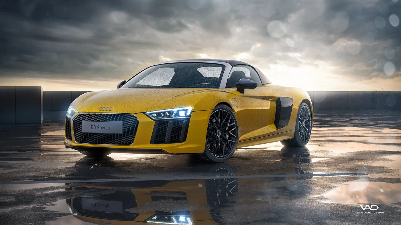 Audi R8 spyder CGI vray rendering yellow fullcgi